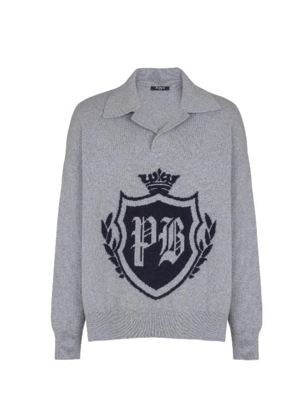 Balmain Grey Knit Polo Collar Sweater with Navy Crest